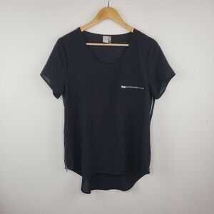 Paper Crane Woman Top L Black Full Zip Side Deco Pocket Short Sleeve Scoop Neck